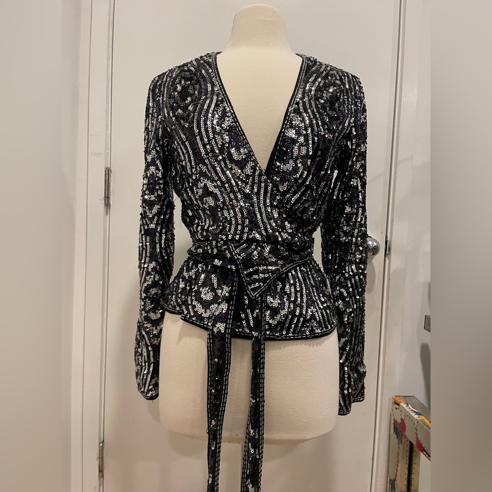 RODARTE & Other Stories Sequin Wrap Top - Black and Silver/Multicolor
